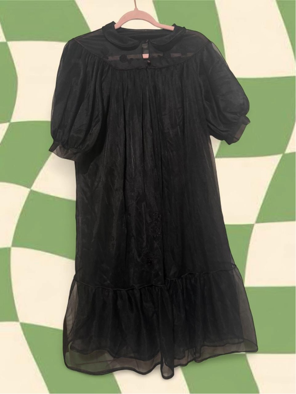 60s Vintage Nylon Floral Embroidery Black Puff-Sleeve Nightdress - Picture 2 of 7
